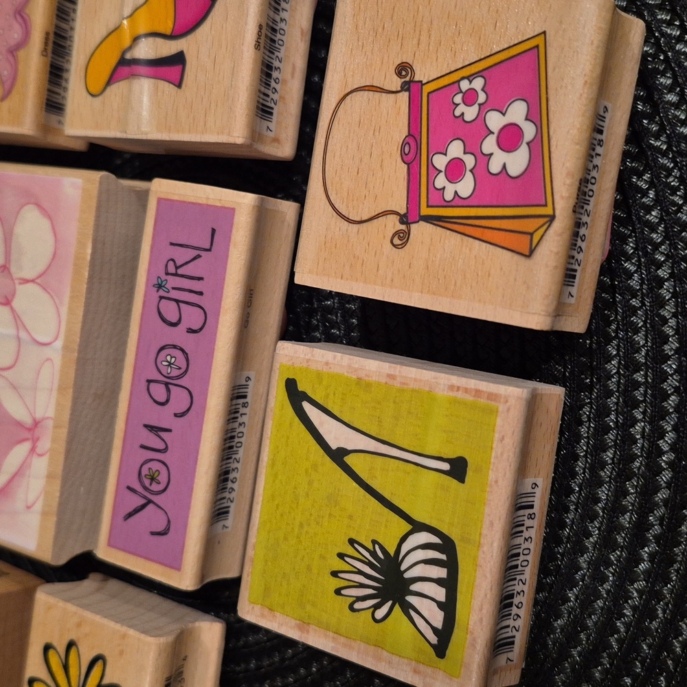 ASSORTED 'You Go Girl' Wood Mount Floral And Fashion Rubber Stamp Set, Set Of 8 - Picture 2 of 10